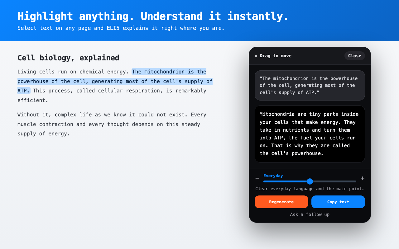 Selected text beside a clear ELI5 explanation